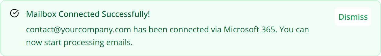 Mailbox Connected Successfully toast confirming the shared mailbox is connected via Microsoft 365