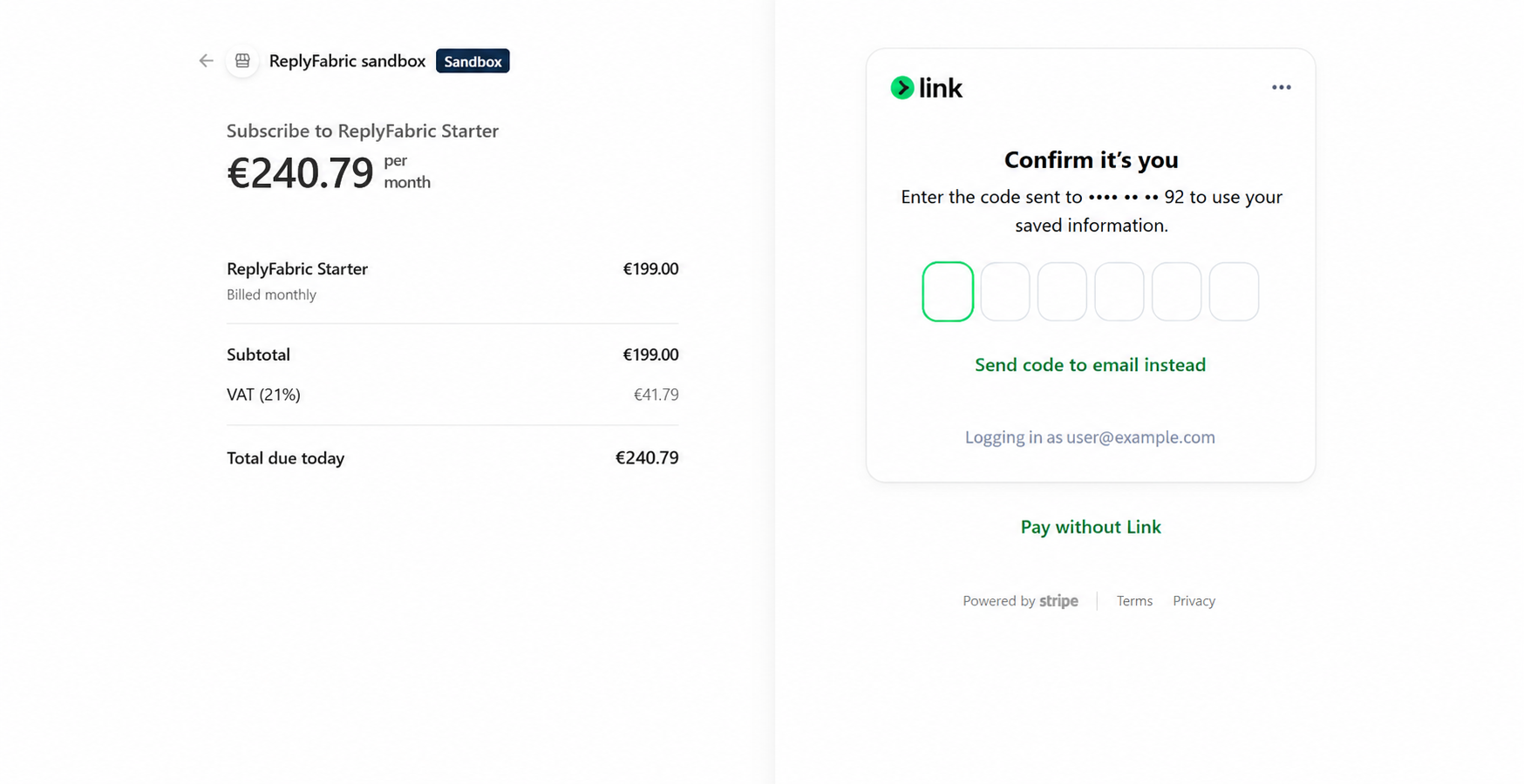 Link screen asking to confirm a one-time code sent to your phone to unlock saved payment details