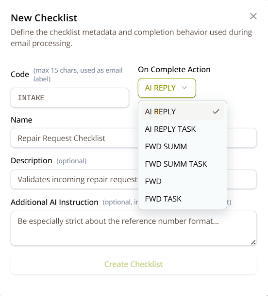 New Checklist form with the On Complete Action dropdown expanded, listing all six available actions