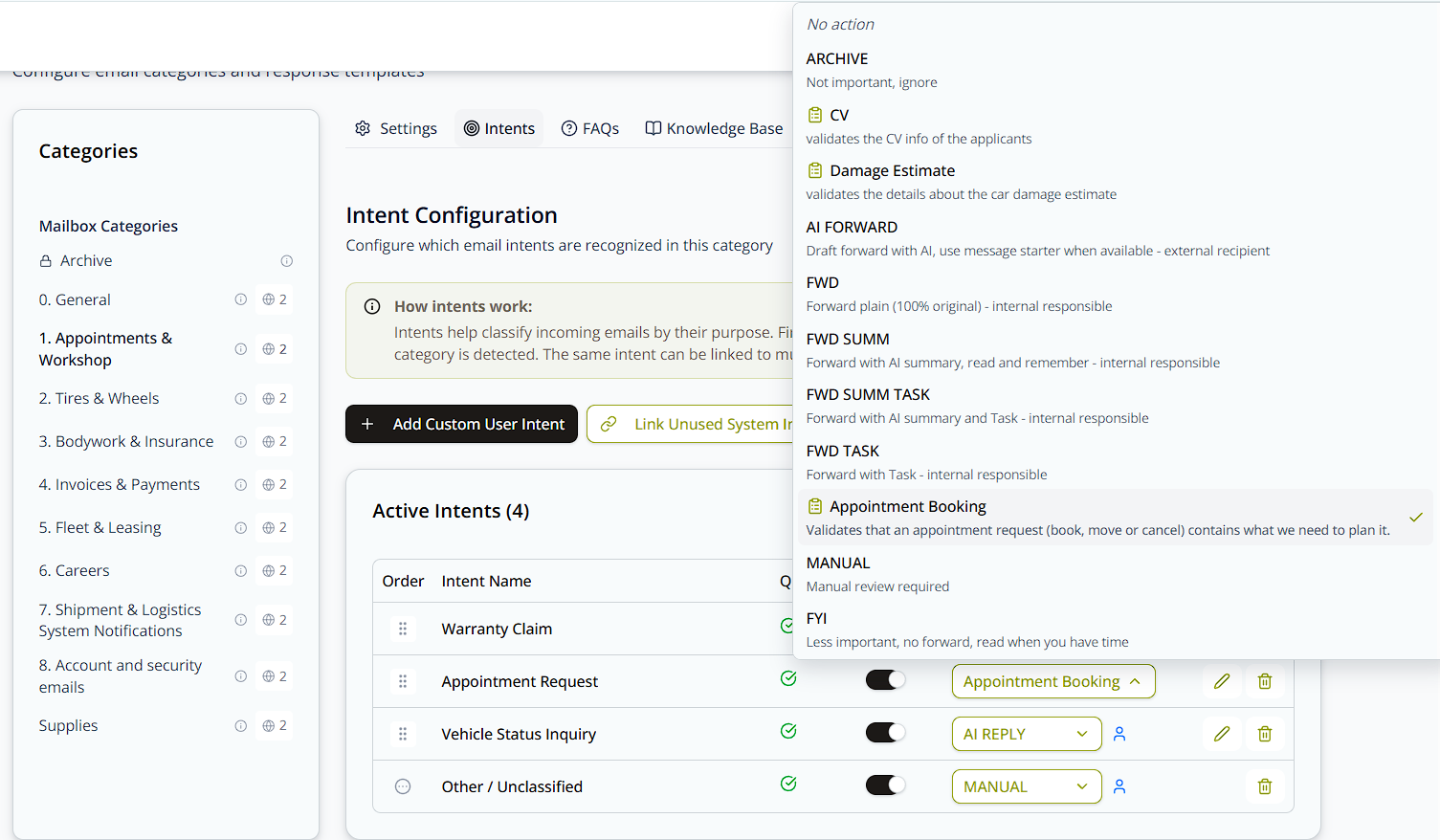 The same Action dropdown expanded, showing saved checklists like CV, Damage Estimate, and Appointment Booking listed alongside the built-in actions