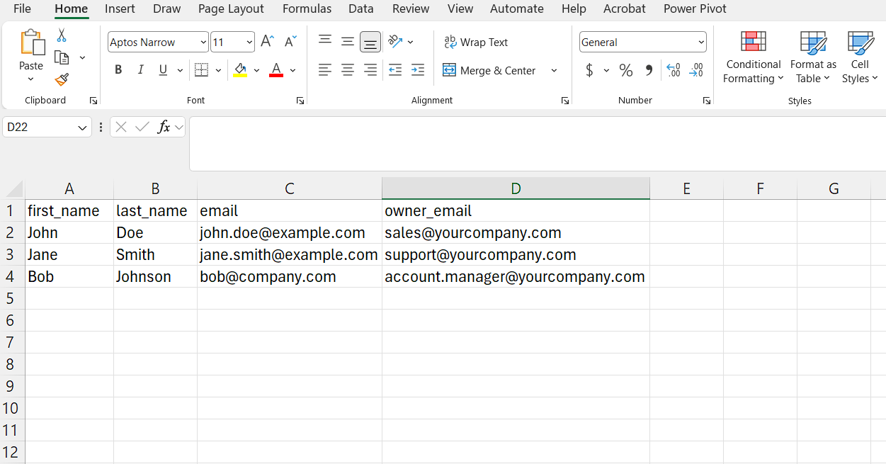 Blank contact list CSV template, opened in a spreadsheet, showing the first_name, last_name, email, and owner_email columns with placeholder example rows