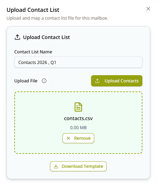 Upload Contact List dialog — a named list and the uploaded CSV file