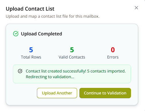 Upload result showing 5 total rows, 5 valid contacts, 0 errors