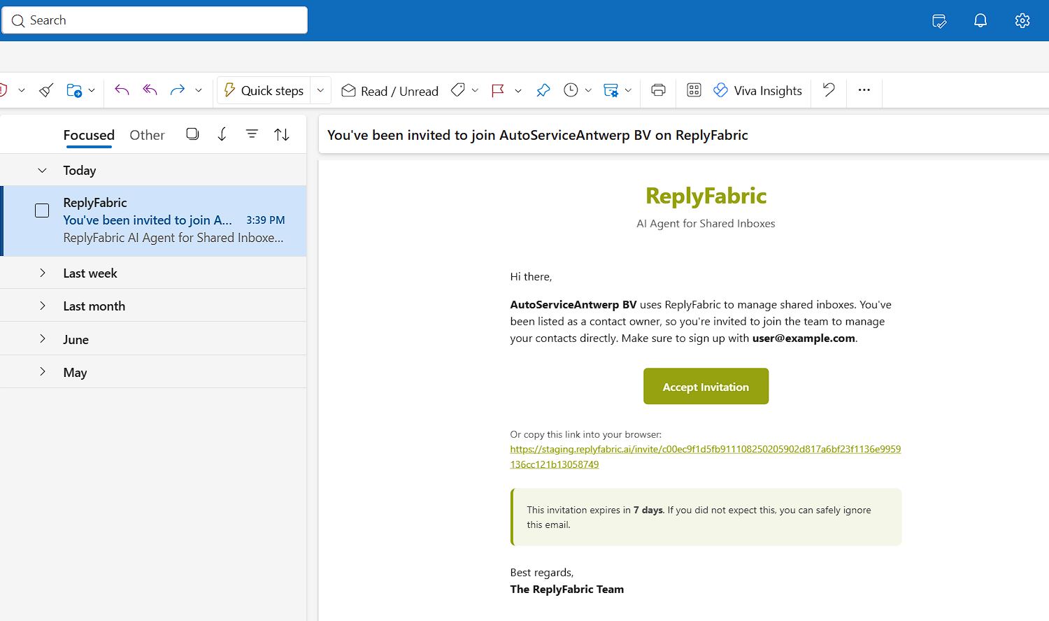 The invitation email in Outlook — "You've been listed as a contact owner, so you're invited to join the team"