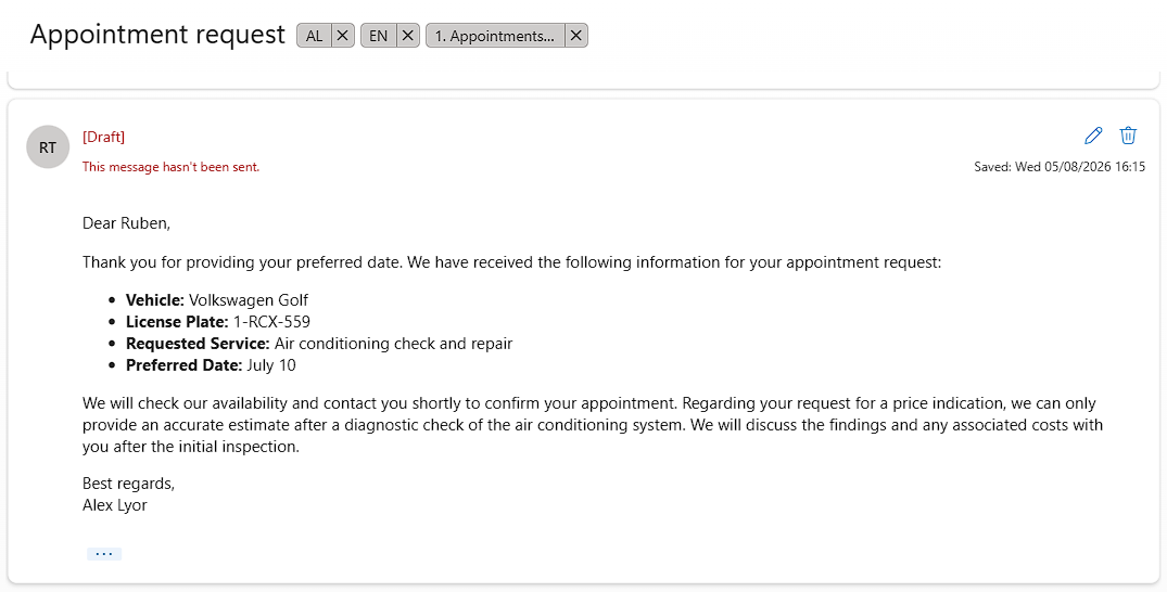 A drafted reply to Ruben about an appointment request, labeled AL, and signed Best regards, Alex Lyor