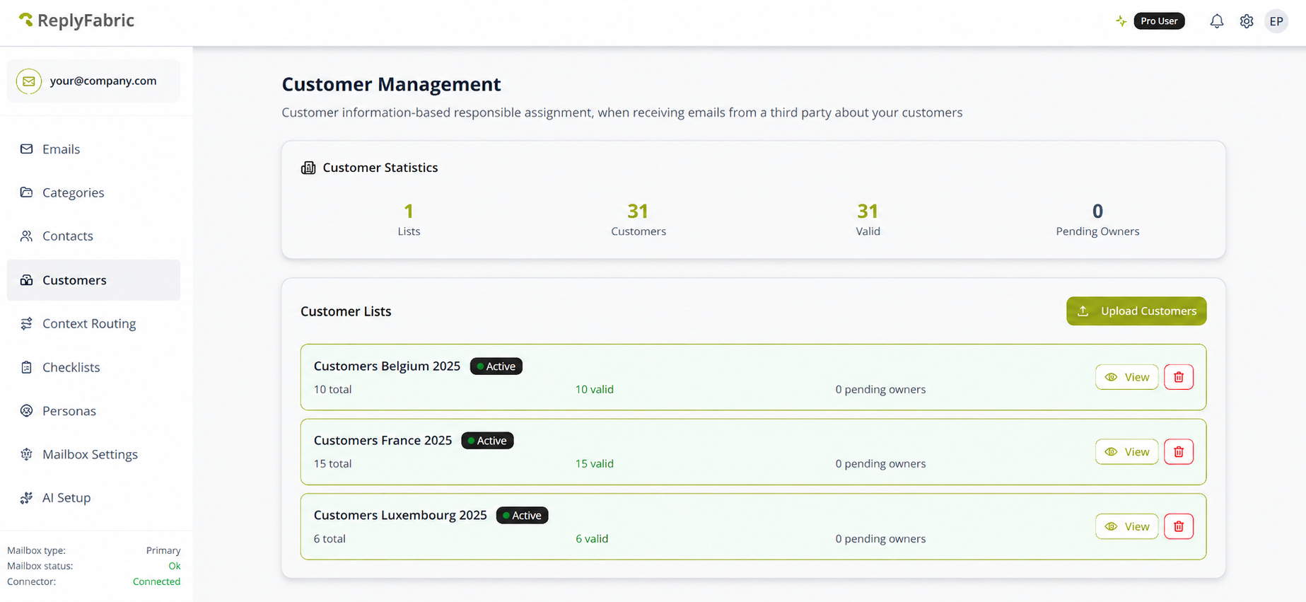 The Customer Management page — customer statistics, and a list of uploaded customer lists with their status