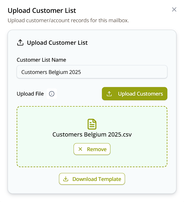 Upload Customer List dialog — a named list, the uploaded CSV file, and a Download Template button