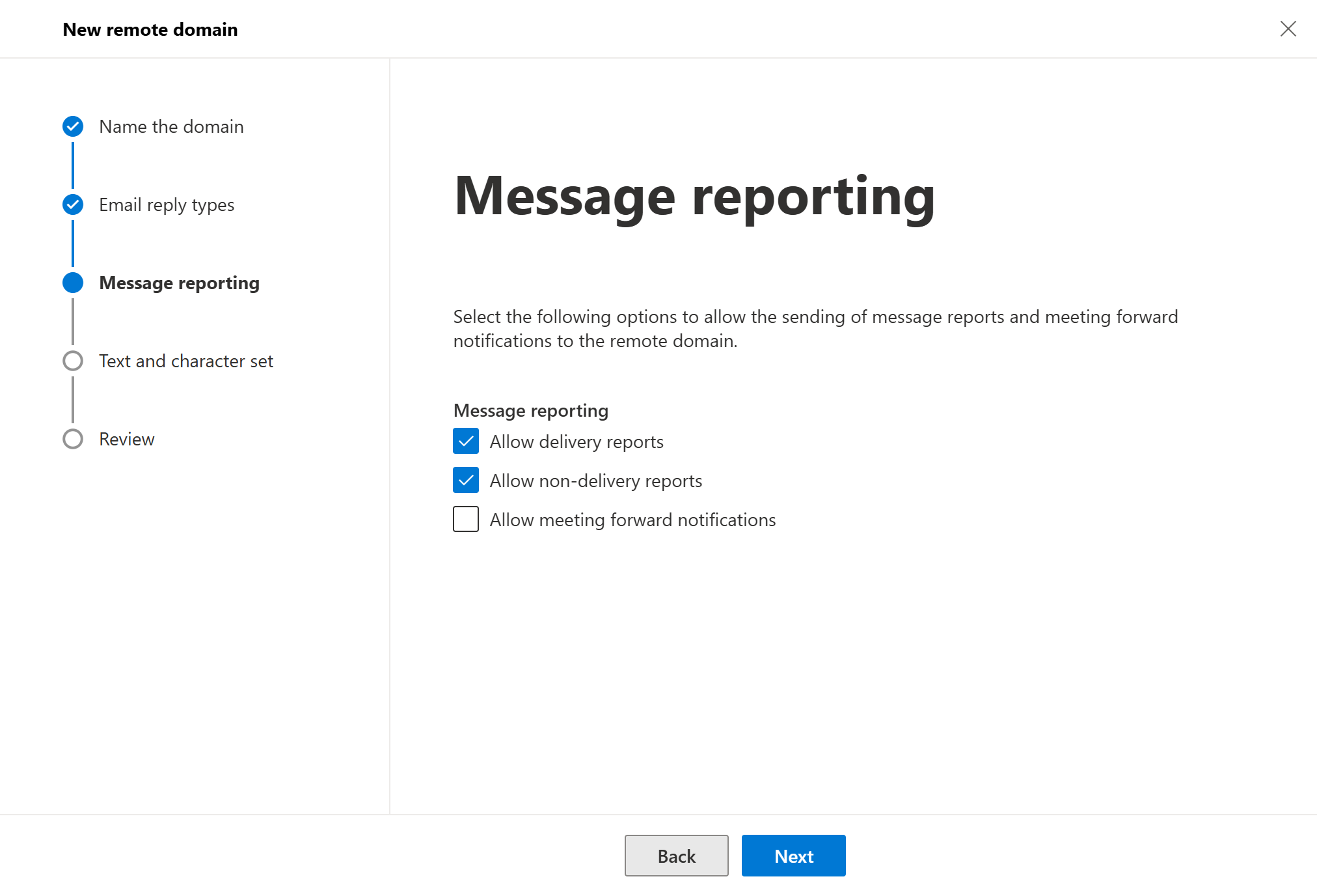 Message reporting step with delivery and non-delivery reports enabled