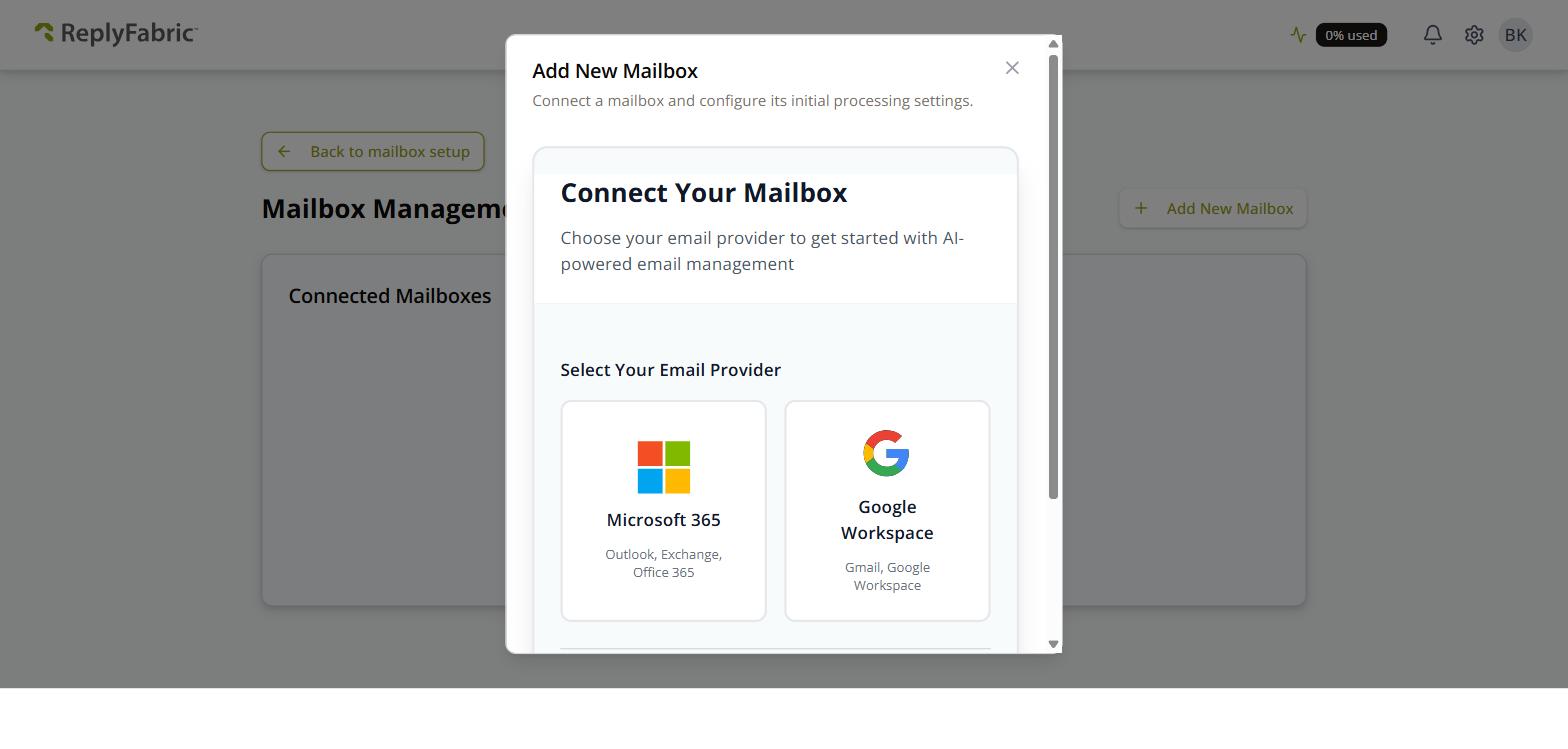 Connect Your Mailbox dialog — choose Microsoft 365 or Google Workspace