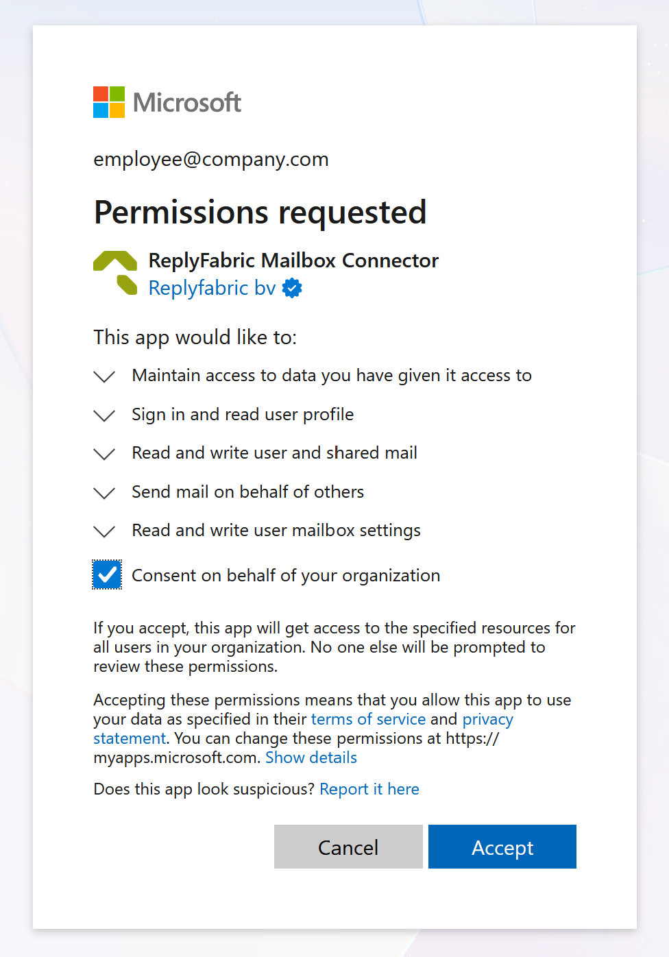 Microsoft permissions requested screen for ReplyFabric Mailbox Connector, with "Consent on behalf of your organization" checked