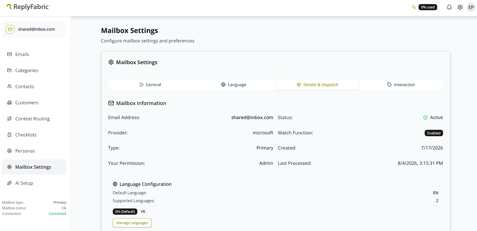 Mailbox Information summary, with the condensed Language Configuration repeat and Manage Languages shortcut below it