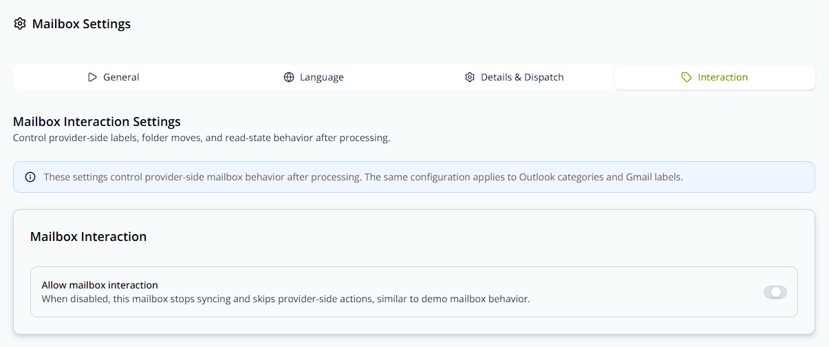 Mailbox Interaction Settings overview, showing the info banner and the Allow mailbox interaction toggle