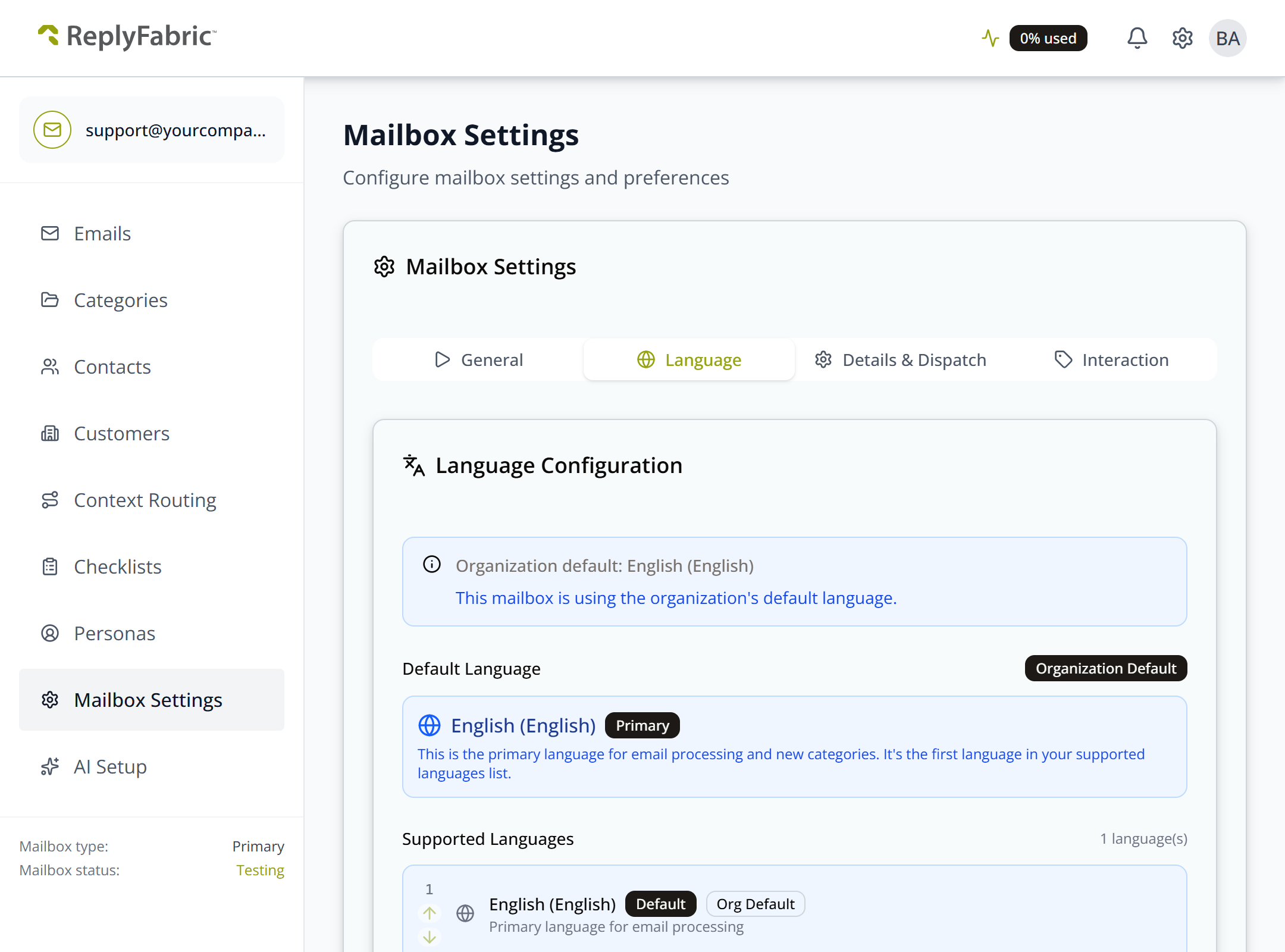 Language Configuration overview, showing the organization default and current Default Language