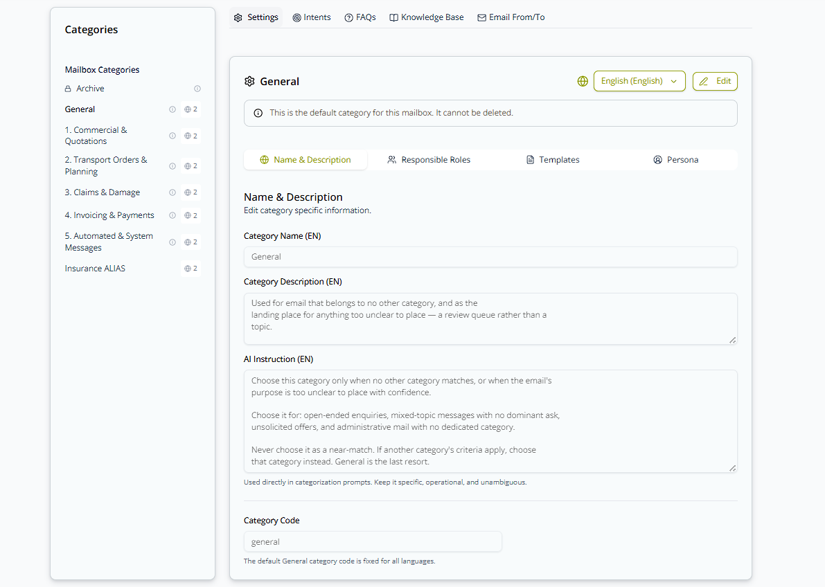 Category Management overview — categories list on the left, General category's Name & Description tab selected