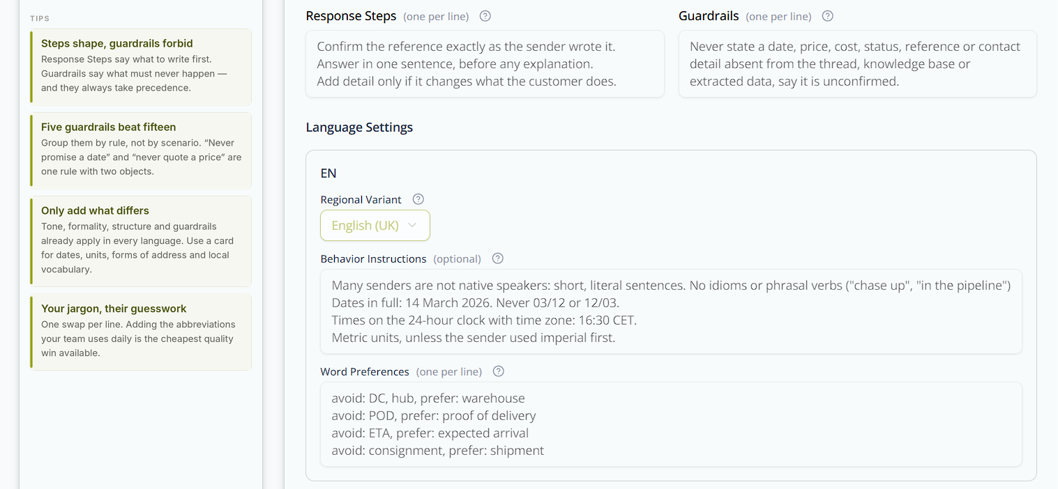 Response Steps and Guardrails side by side, above the English language card with regional variant, behavior instructions and word preferences.