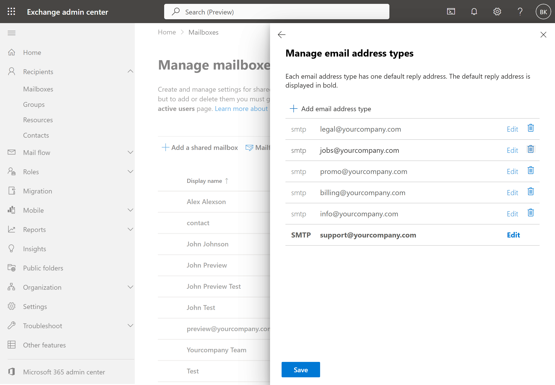 Manage email address types panel listing the mailbox's aliases alongside its primary SMTP address, with an Add email address type link
