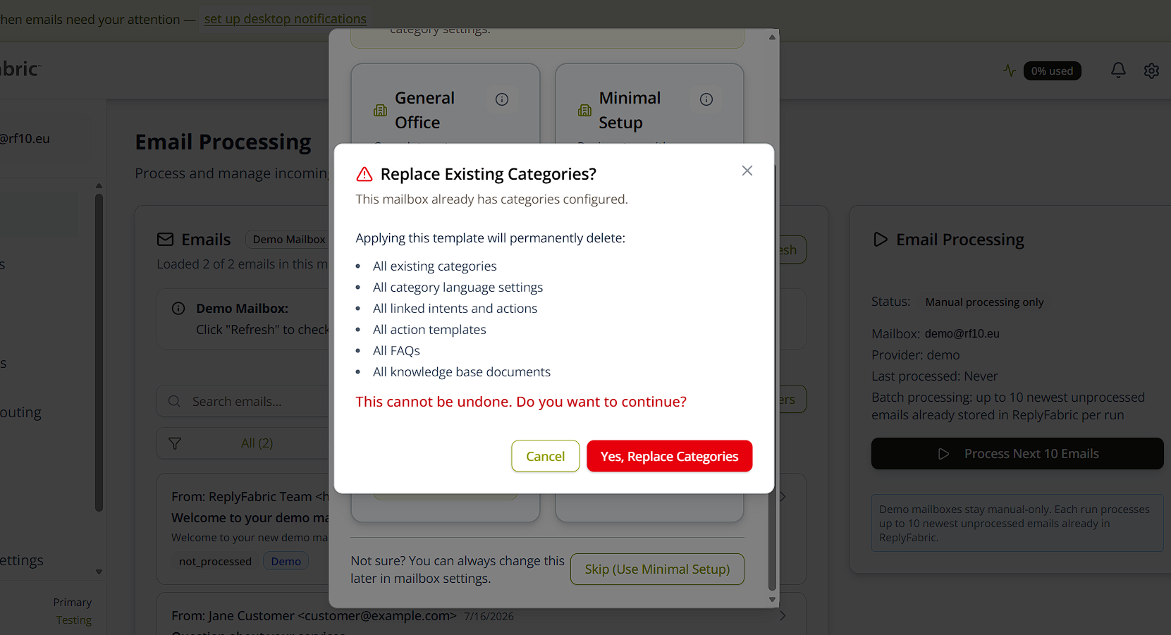 Replace existing categories warning dialog
